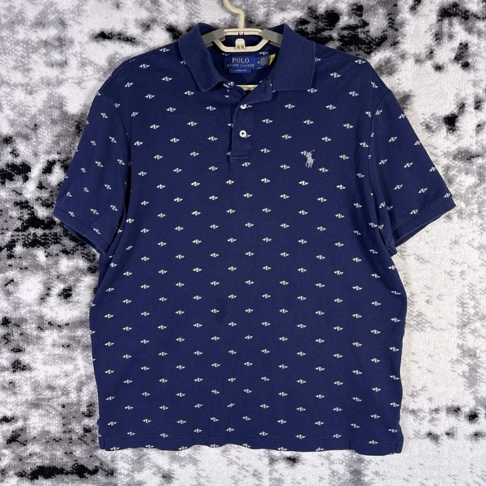 Polo Ralph Lauren Shirt Mens Size Medium Navy All Over PRL Print Golf Preppy